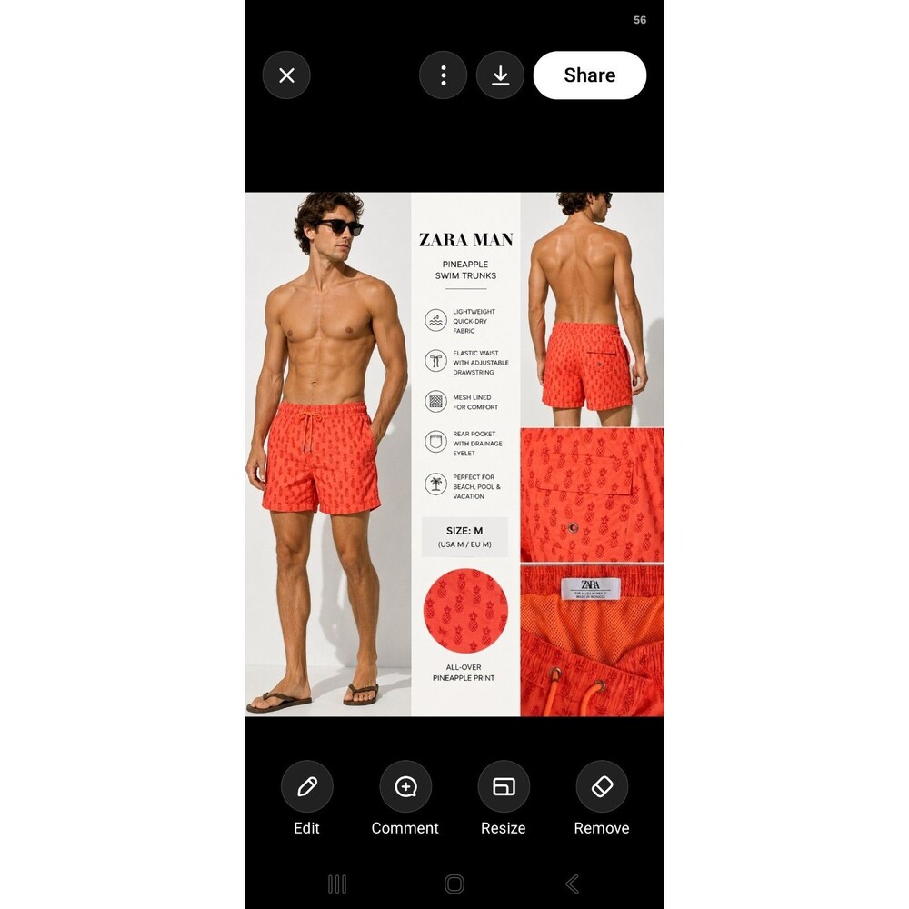 Zara Man Coral Pineapple Swim Trunks Men's Medium Mesh Lined Board Shorts